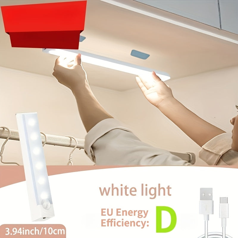1个 3.94-19.69英寸 LED 智能运动探测灯条 - 无线 USB 供电暖白光 - 冷白光橱柜下照明，磁性粘合安装，易于安装，非常适合衣柜、橱柜和楼梯