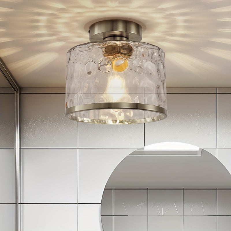1-Light Modern Farmhouse Semi-Flush Mount Ceiling Light with Brushed Nickel Finish and Clear Water Ripple Glass Shade - Low-Profile Modern Fixture, Suitable for Bedroom, Hallway, Kitchen - Compatible with E26 Socket