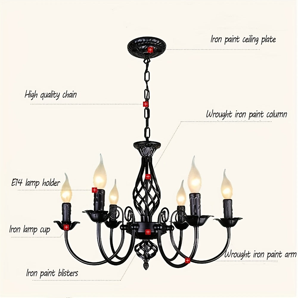 Farmhouse Candle Chandelier Ceiling Light, Rustic Industrial Pendant Ceiling Fixture, Vintage Chandelier for Bedroom, Hallway, Kitchen, Dining Room, Bar, Foyer, Matte Black E14 Bulb Base (Bulb Not Included)