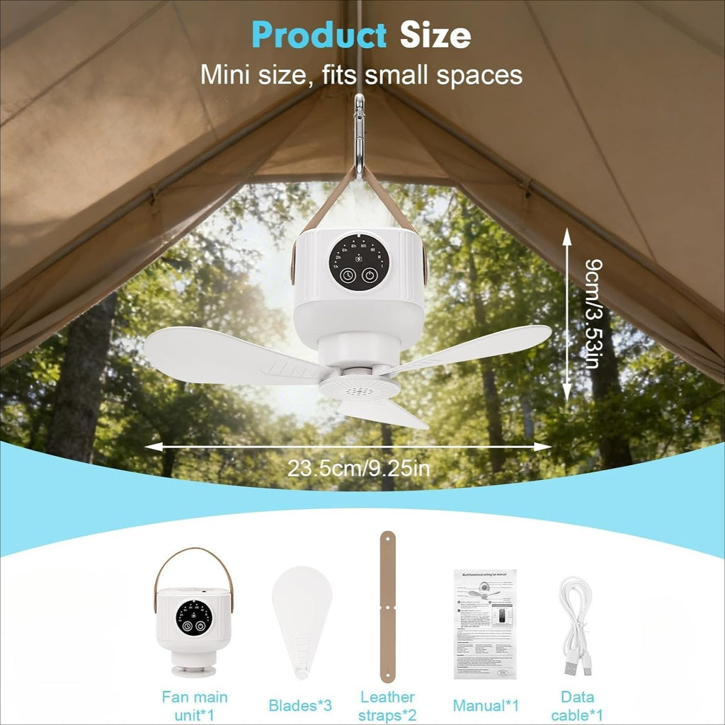 Portable Camping Ceiling Fan, LED Tent Fan with Remote & Timer, 360° Adjustable Head, 4 Speed & Brightness Levels, for Tent Camping RV Travel Barbecue Fishing
