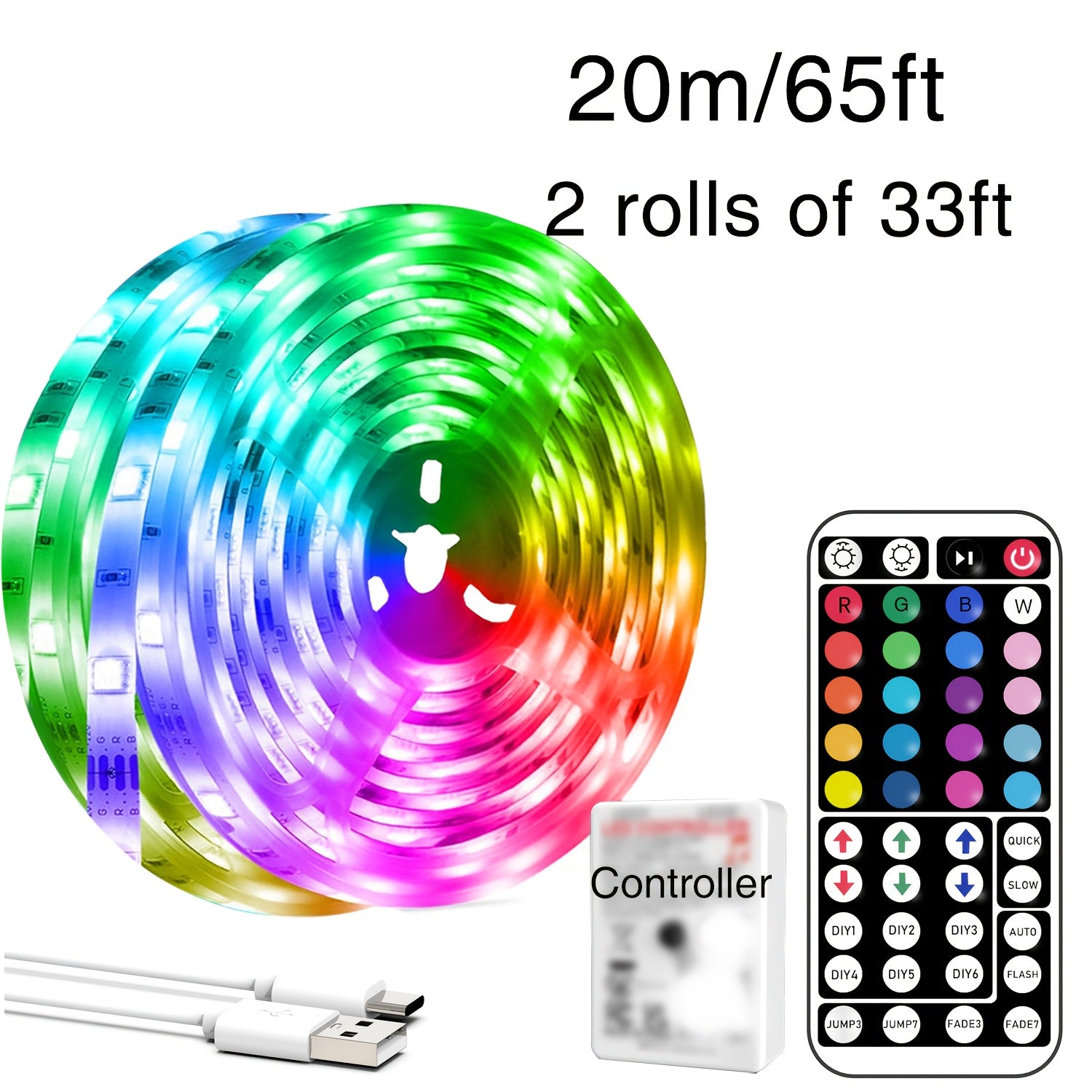 NBBUFF 卧室 LED 灯条，39.37英寸-1181.1英寸，RGB 灯带，带 44 键遥控器，颜色可调，USB 供电，适用于床头客厅，节日礼物，游戏派对装饰灯，电视背景灯，万圣节，婚礼酒吧装饰