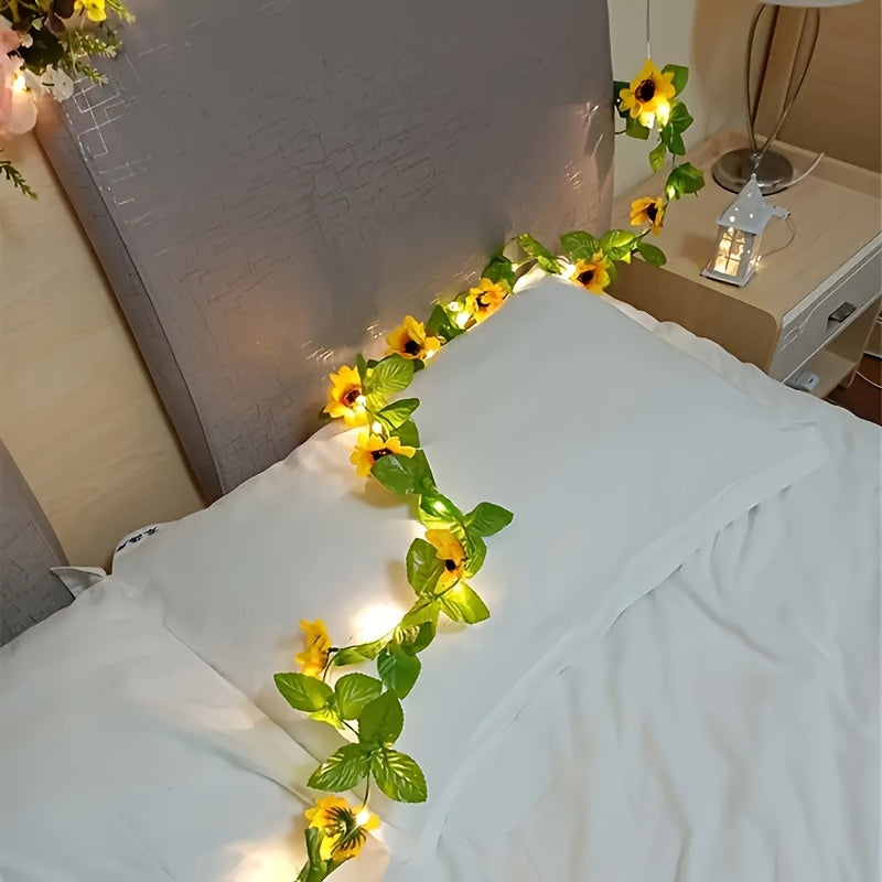1串波西米亚风人造向日葵藤蔓灯串 | 30 LED灯带，带绿叶，暖黄色，-电源供电，经典风格，适用于夏季、生日、婚礼、圣诞节、情人节等场合