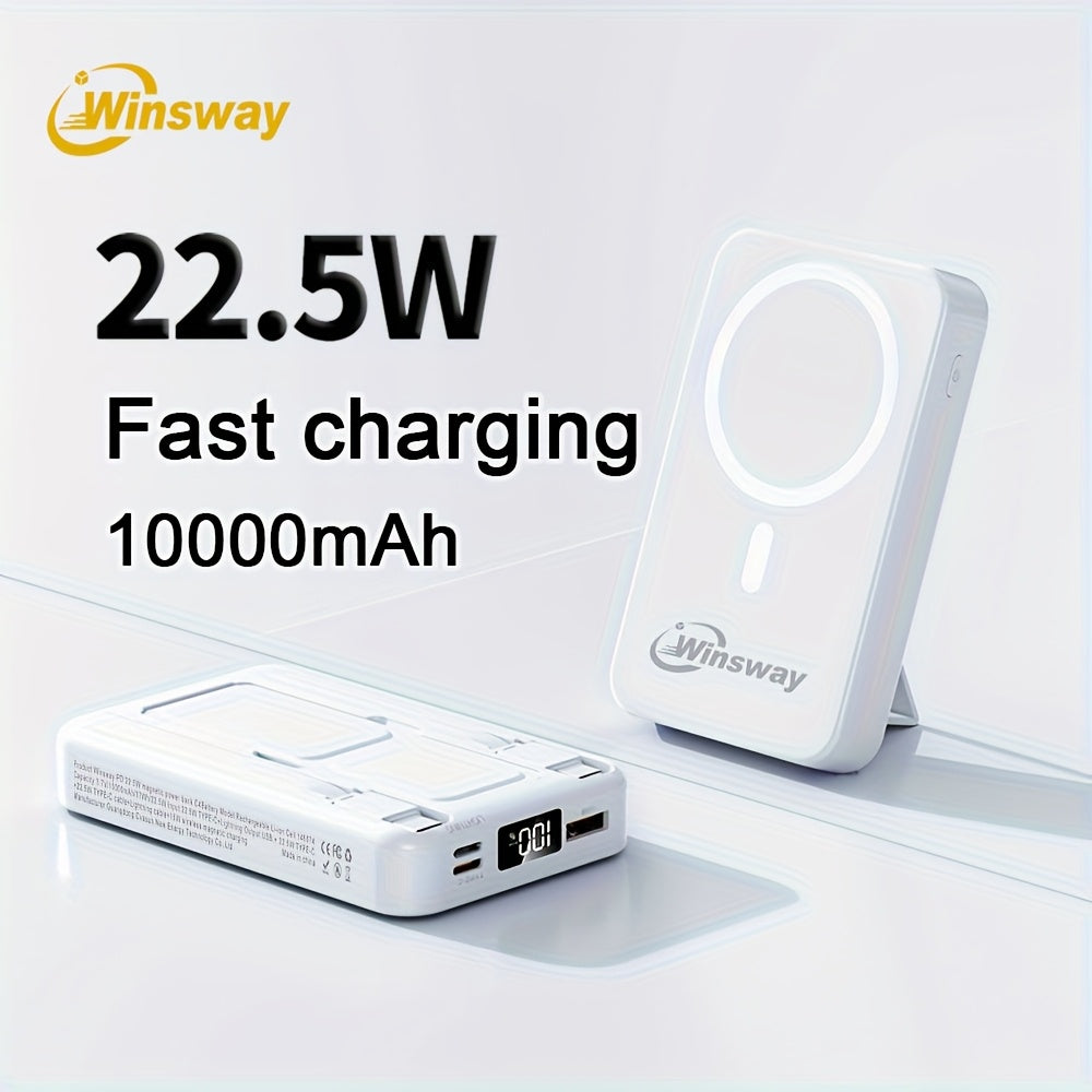 Winsway 10000mAh 磁吸無線行動電源，22.5W 快速充電行動電源，包含 Type-C 資料線、USB 連接埠、LED 螢幕和可折疊支架，適合送給 Iphone 和 Android 裝置的聖誕禮物