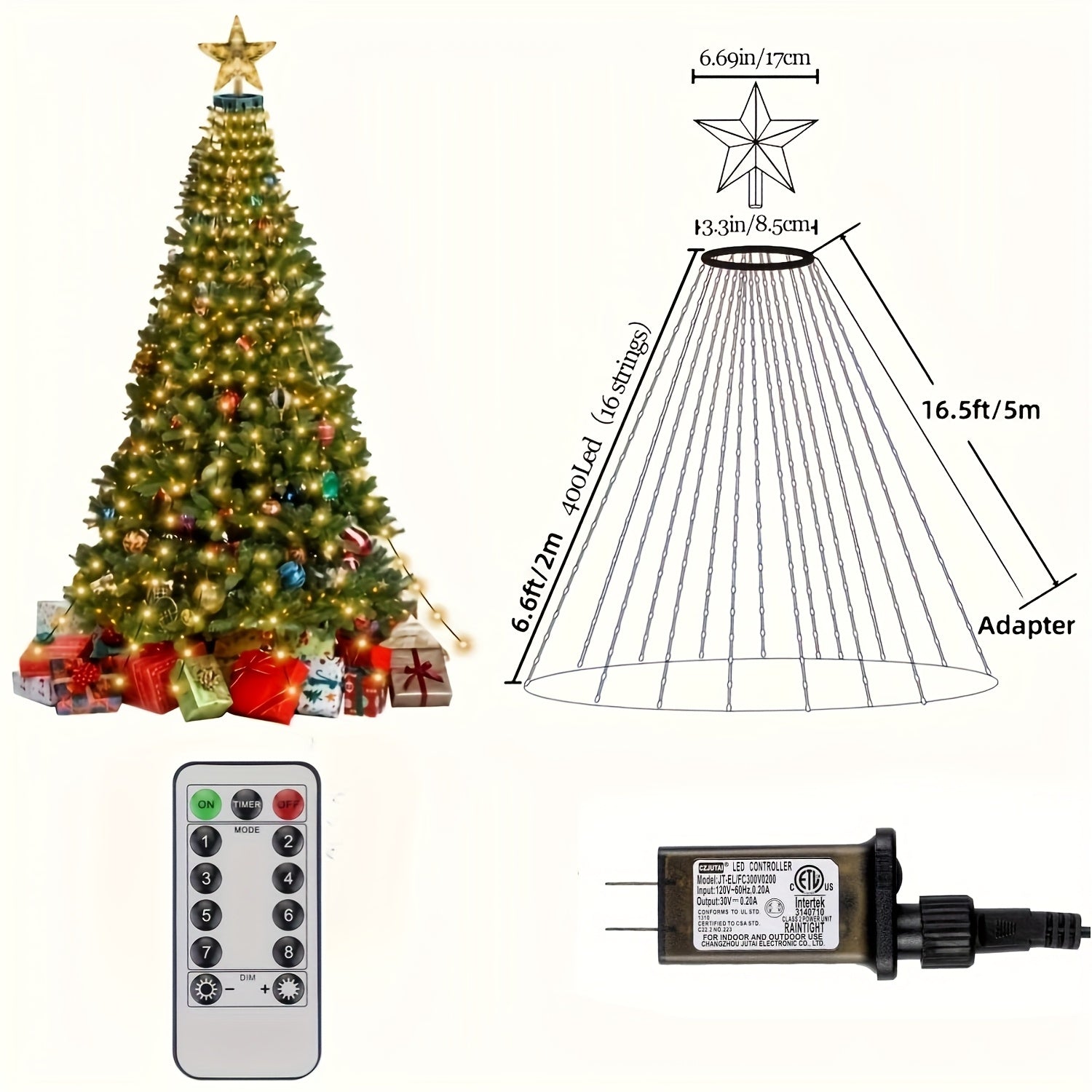 Bhony IP44 圆形圣诞树灯，适用于树木，410 LED 圣诞灯串，带星星顶饰，6.6FT X 16 条灯，带 11 种模式定时器遥控器，适用于室内外圣诞树装饰
