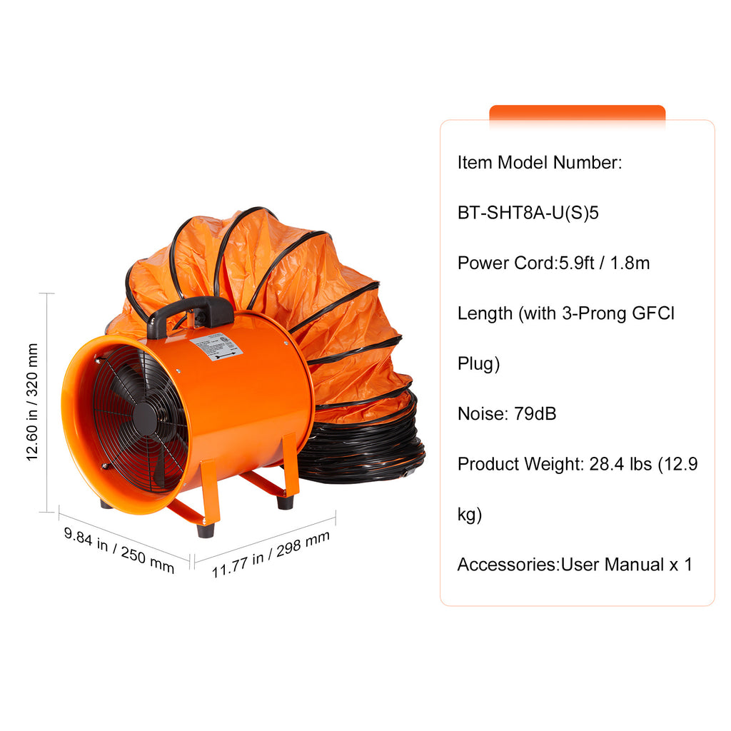 VEVOR 8 Inch Heavy Duty Cylinder Fan with 16.4ft / 33ft Duct Hose, 195W Powerful Shop Exhaust Fan 1070CFM, Industrial Utility Fan for Dust, Fume and Smoke Ventilation at Home & Workplace