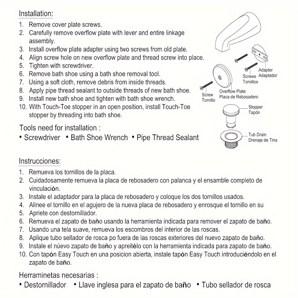 Toe Tap Bathtub Drain Kit - with 1-Hole Bathtub Overflow Drain Cover & Toe Tap Bathtub Trim Kit Single Hole