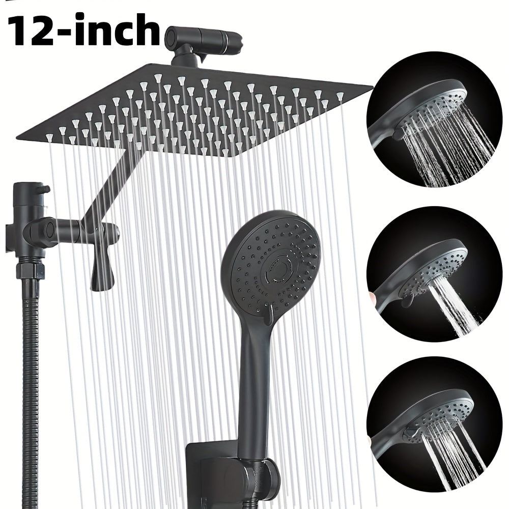 High Pressure Rain Shower & Handheld Combo - 4 Settings, 13" Extension Arm, 78" Hose, Fully Adjustable Height & Angle