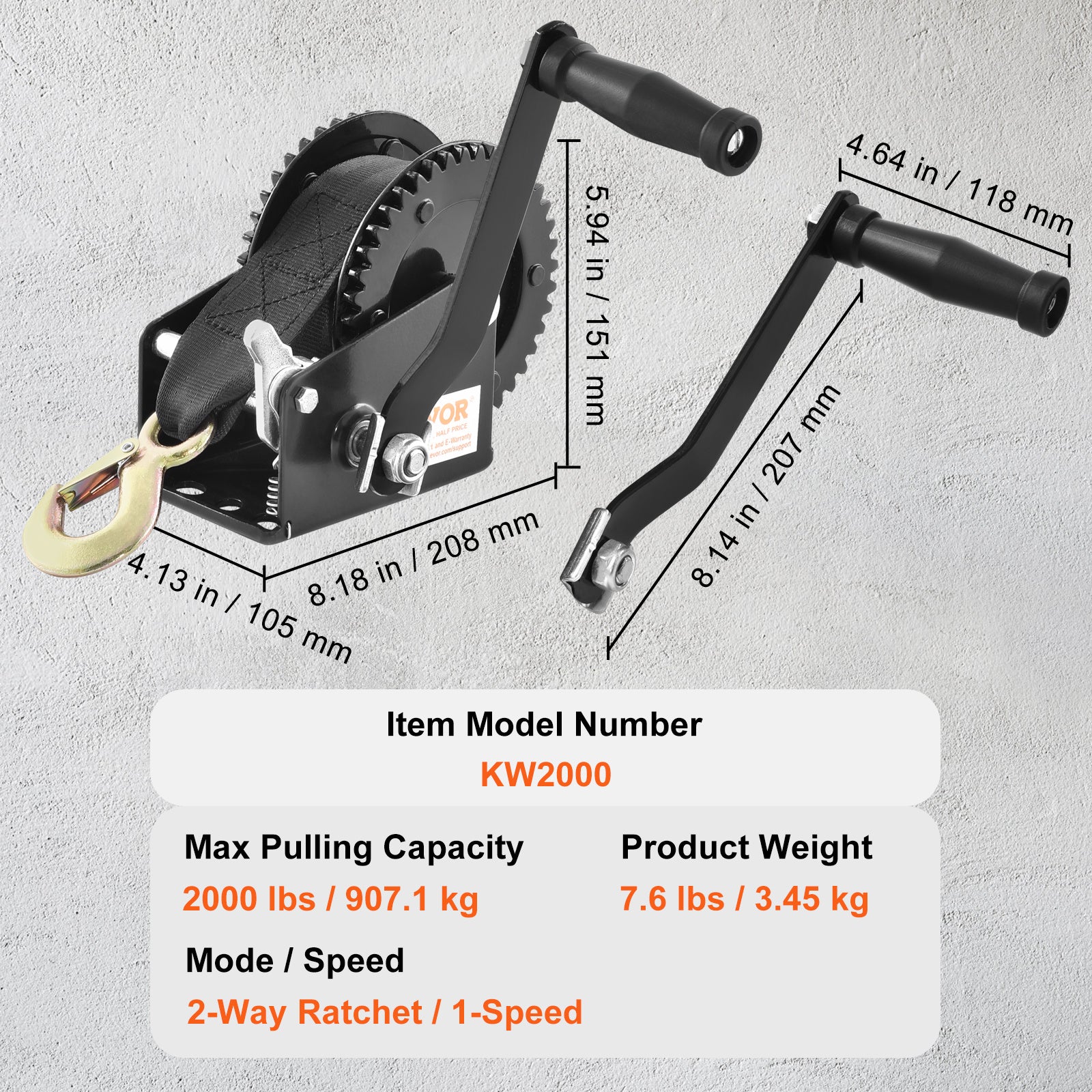 VEVOR Manual Winch, 1200 Lbs / 1600 Lbs / 2000 Lbs / 3500 Lbs Pulling Capacity, Boat Trailer Winch with 23FT Polyester Rope Strap and 2-Way Ratchet, Suitable for Trailers, Boats or ATV Towing