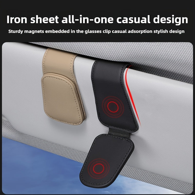 2-Piece Magnetic PU Leather Car Sun Visor Glasses Holder with Card Slot – One-Hand Operation Design, Driver Side Interior Accessory, Gray & Black, Simple Snap Closure, One-Click Grip
