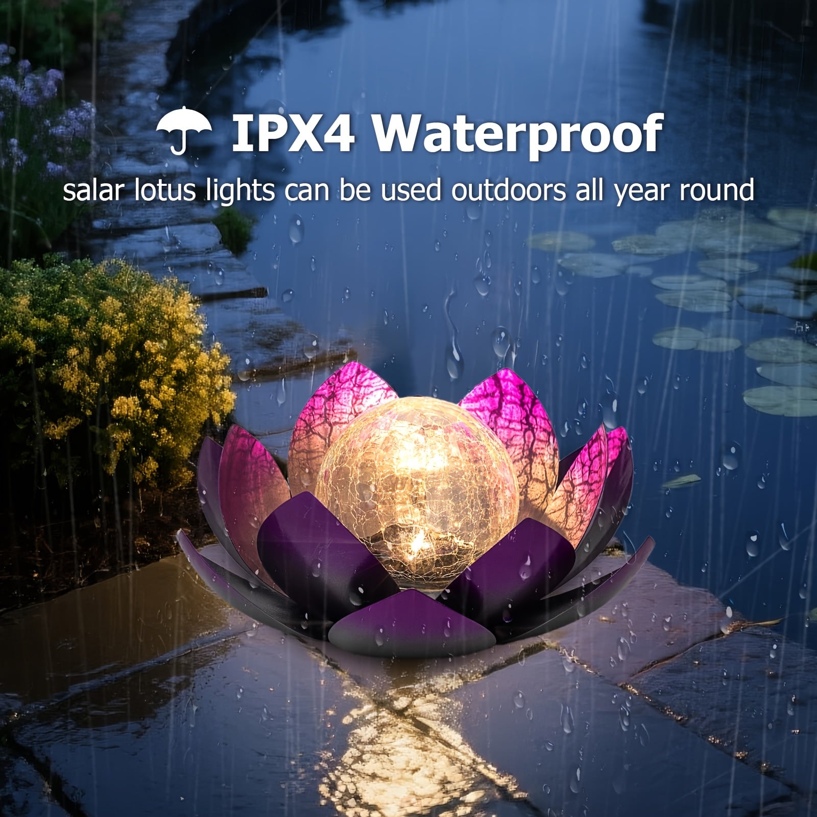 2 Pack Outdoor Solar Pink Lotus Light, Wrought Iron Garden Decoration, LED Light with Cracked Glass Ball, IPX4 Waterproof Rating, Perfect for Patio, Lawn, Terrace, Tabletop, Gift for Mom