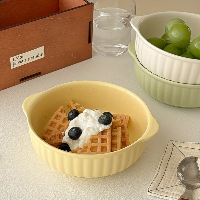 1 Ceramic Bowl with Ear Handles, Large Capacity Ceramic Plate, Soup Bowl, Salad Bowl, Noodle Bowl, Oven & Microwave Safe, Dinnerware, Kitchen Supplies for Salad, Fruit, Pasta, Kitchenware, Tableware Accessories/