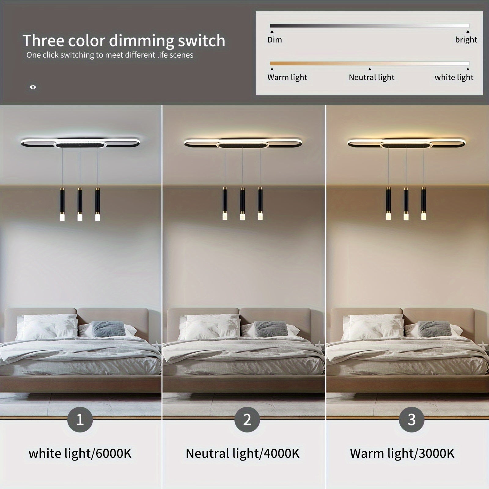 Qcyuui modern LED pendant light, adjustable acrylic 3-light modern pendant light, with remote control, indoor dining room lighting fixture, suitable for kitchen island, living room, dining room, office (black)