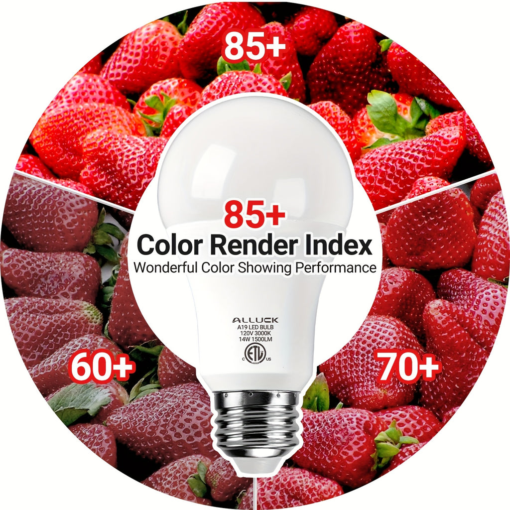 ALLUCK A19 LED 灯泡 6 件装，14W 1500LM（100W 等效），E26 底座，可选色温（3000K 暖白/5000K 日光/6500K 冷色），CRI 85+，无闪烁，持久，护眼，不可调光 家庭、办公室和商业用途，暖色环境照明
