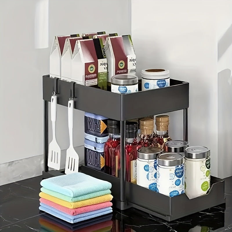 Multi-functional Pull-out Under Sink Organizer and Storage, Suitable for Bathroom & Kitchen, 2-Tier Sliding Cabinet Basket, Bathroom Cabinet Storage Box with Hooks, Storage Cup, Home Kitchen Accessories