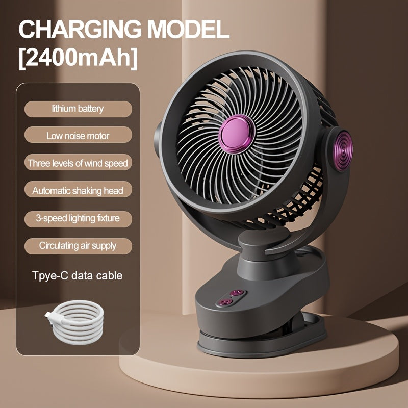 Brushless Motor Clip Fan, Rechargeable 2-in-1 Fan with Lighting & Oscillating Function, Quiet Circulating Desktop Fan with Night Light for Office Dorm Bedroom