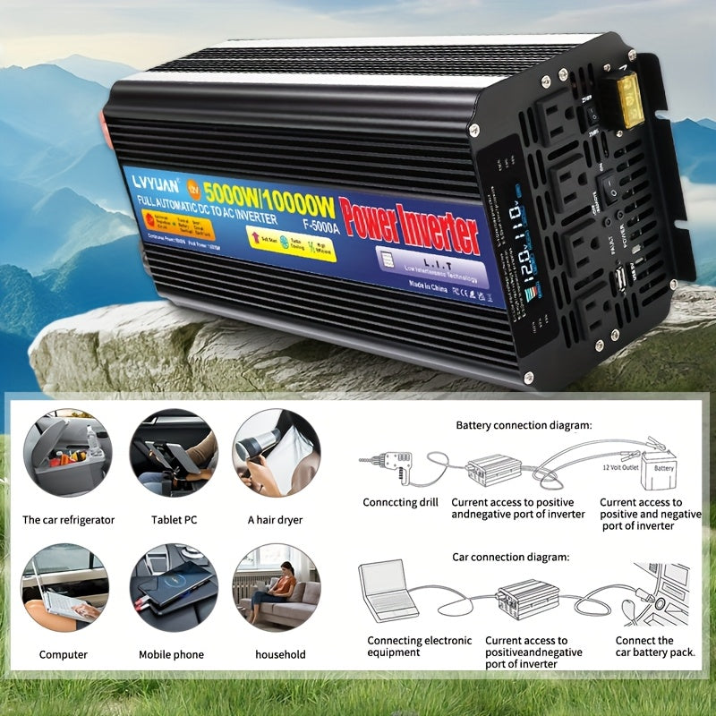 LVYUAN 5000W/10000W（峰值）汽车电源逆变器，12V/24V转110V带4个交流插座，LCD显示屏，3.1A USB车载适配器，适用于汽车、房车、卡车、离网太阳能系统、智能手机、笔记本电脑、户外露营