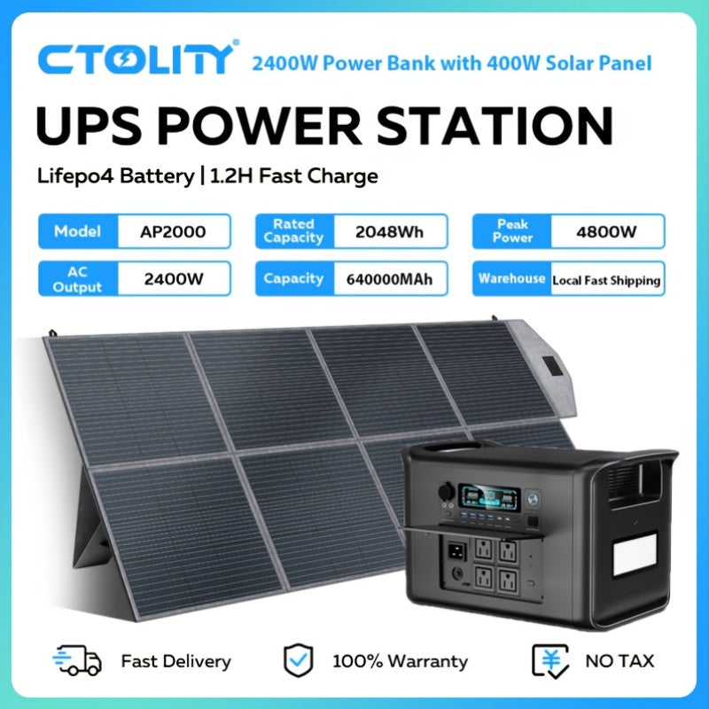 Ctolity 110W 太陽能板 (單體販售), 2400W/ 1800W/ 500W (峰值 4800W/ 3600W/1000W) 可攜式電源站, 2048Wh/ 1024Wh/ 345Wh LifePO4 電池, 400W/ 200W/ 100W 太陽能板可用於直接充電手機、筆記型電腦, UPS 功能