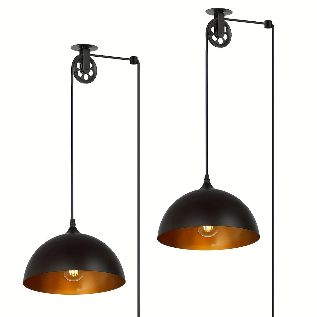 2-pack modern black and brass dome pendant light, 19.4ft cord with on/off switch, vintage metal barn pendant lamp shade, semi-flush mount installation, detachable pendant light