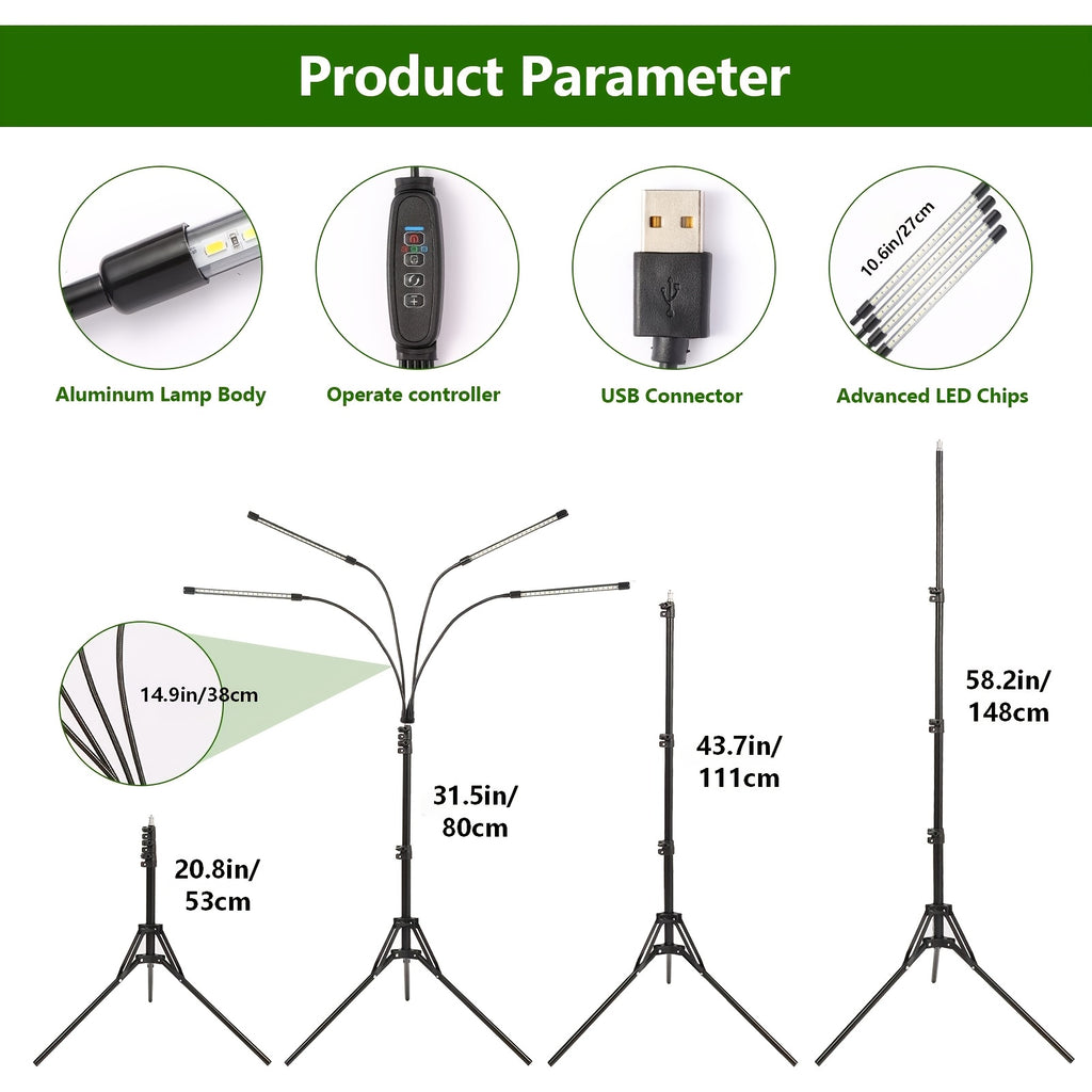 3-Head Foldable Strip Plant Grow Light, Adjustable Height & Irradiation Angle, Foldable Bracket with Timing Function, Ideal for Indoor Succulent Seedling Growth and Supplemental Lighting