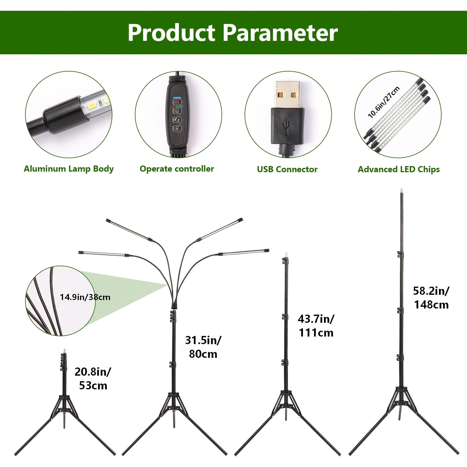 3-Head Foldable Strip Plant Grow Light, Adjustable Height & Irradiation Angle, Foldable Bracket with Timing Function, Ideal for Indoor Succulent Seedling Growth and Supplemental Lighting