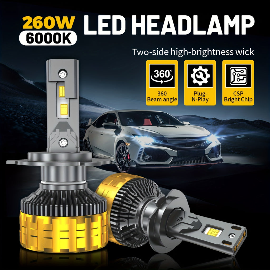 2个装 H4 H7 H11 LED 汽车大灯 H1 H9 9005 HB3 9006 HB4 9012 Hir2 9007 HB5 9008 H13 远近光灯泡 6000K 白色 800% 增亮，带外置驱动 Canbus 插件即用，无需电池