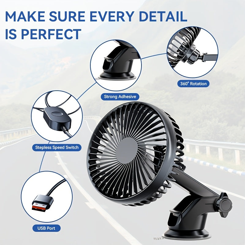 Suitu Car Suction Cup Fan, Powerful USB Car Fan, Household Turbo Fan, Single Rotatable Head, Multi-use as Desktop / Tabletop / Car Air Circulation Fan, Stylish Appearance & Durable Structure