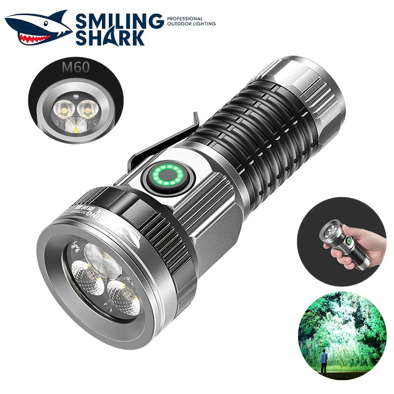 M60+2XPE Flashlight SMILING SHARK Ultra Bright 5 Modes Magnetic Strong Light Stepless Dimming Type-C Charging Metal Clip Pocket Size for Outdoor Camping Hiking Adventure