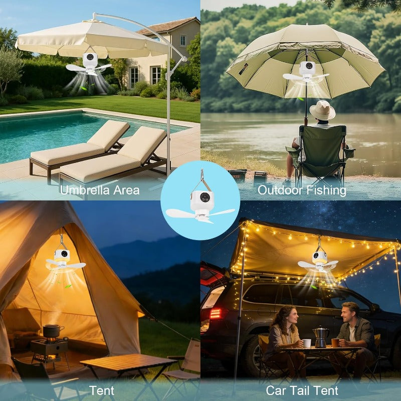Portable Camping Ceiling Fan, Equipped with LED Light & Remote Control, USB Rechargeable, 4-Speed Adjustable Fan with 3 Small Night Lights, Suitable for RV, Truck, Tent, Travel & Camping
