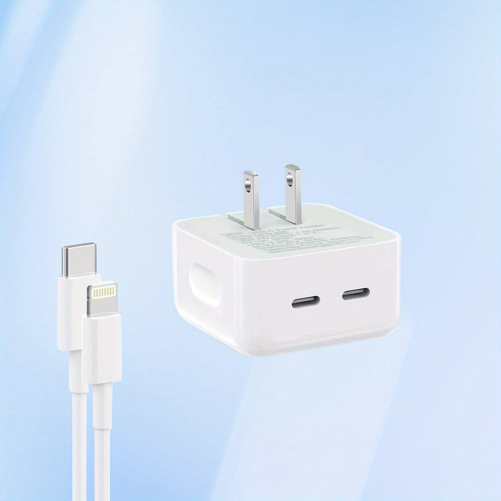 Foldable Dual USB-C Fast Charger - PD Power Adapter, Compatible [MFi Certified] for l Phone 13/ 14 Pro Max & More 4ft Fast Charging Cable Compact Wall Charger