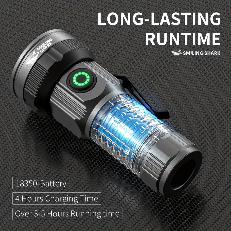 M60+2XPE Flashlight SMILING SHARK Ultra Bright 5 Modes Magnetic Strong Light Stepless Dimming Type-C Charging Metal Clip Pocket Size for Outdoor Camping Hiking Adventure