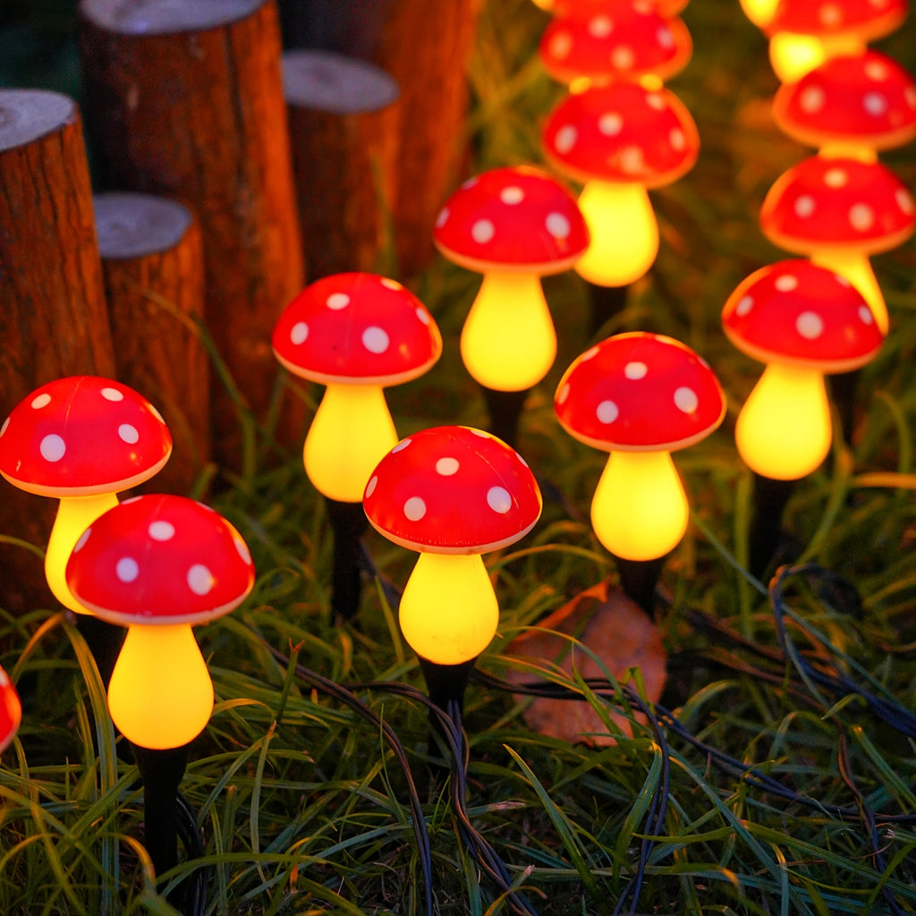 20/10 Pcs Outdoor Solar String Lights, LED Twinkling Fairy Mushroom Light, 12 Lighting Modes, Ground Insert Type, Red Mushroom Garden Decorative Light, Suitable for Party, Wedding, Camping, Lawn, Flower Bed, Valentine's Day