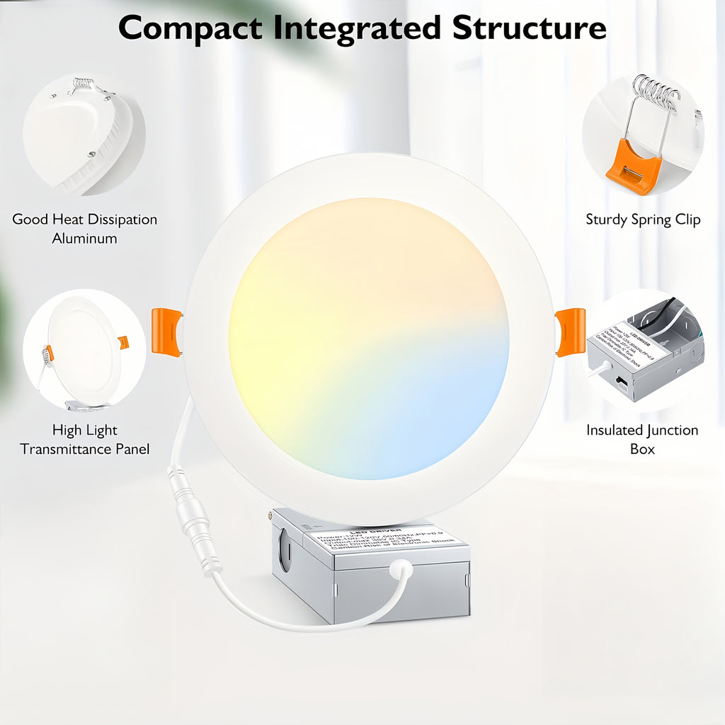 2-Pack Modern 6-Inch Ultra-Thin Recessed Light Fixture, Dimmable 5 CCT LED Downlight, 12W 1050 Lumen Trimless Ceiling Light, Suitable for Kitchen, Living Room, Hallway | Includes Junction Box, Easy Installation