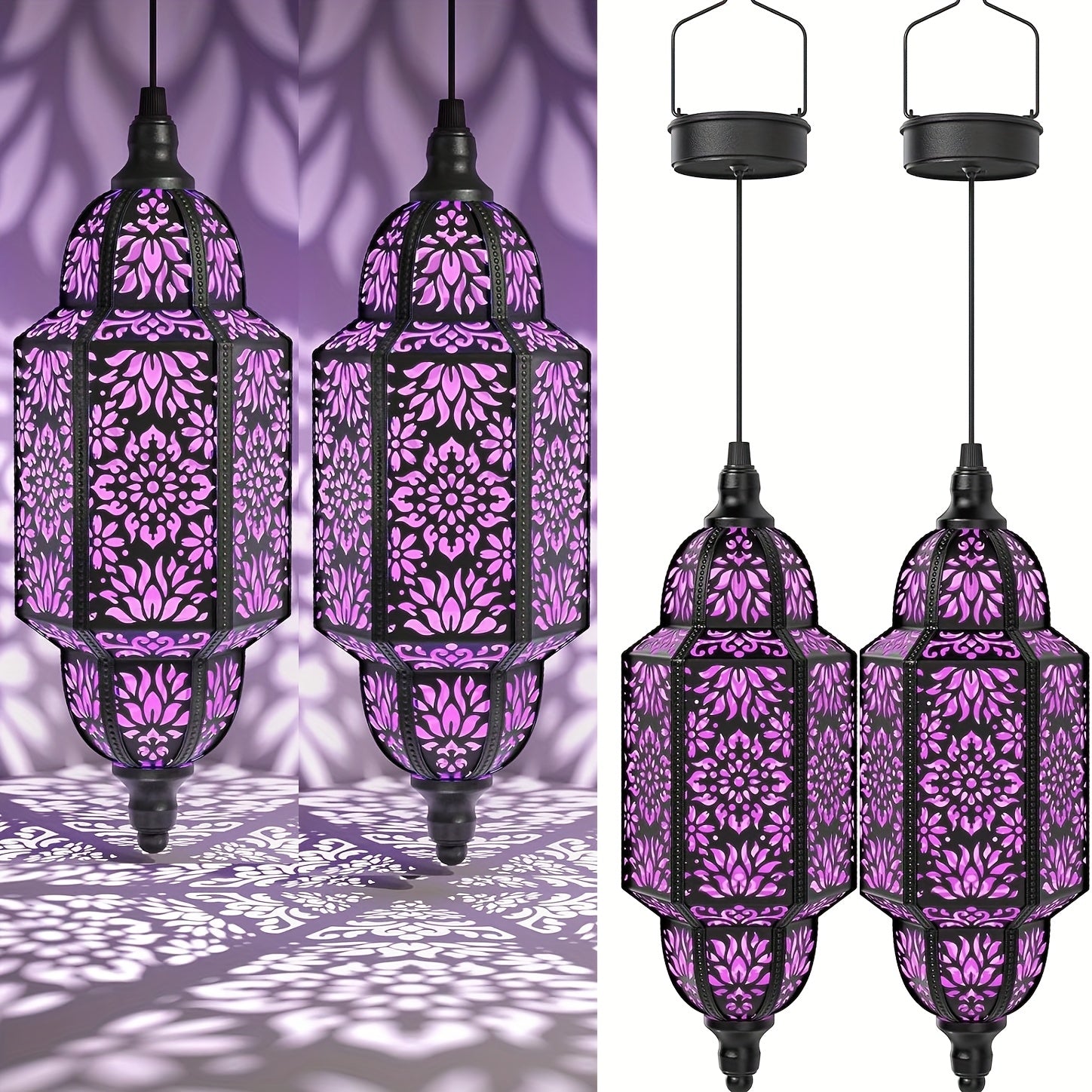 2-Piece Outdoor Solar Lantern, Colorful Moroccan Style Design, IP54 Waterproof Rating and Carved Patterns, Perfect for Decorating Garden, Patio, Walkway, or Halloween.