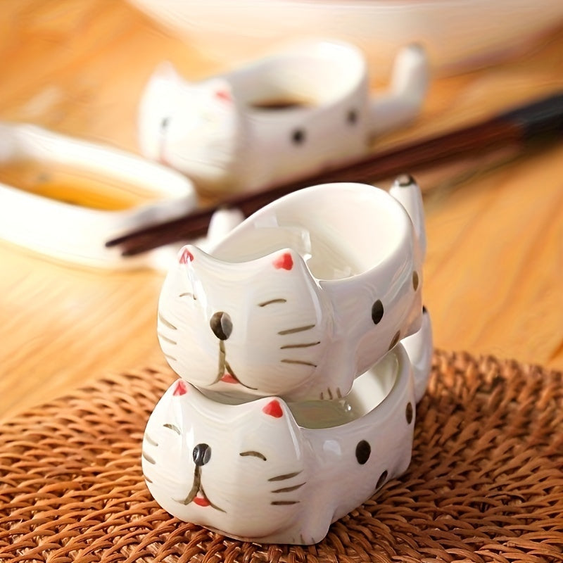2Pcs/1Set Cat Ceramic Sauce Dish, Ins Japanese Style Cute Cat Multi-Functional Seasoning Tray 10*4.5cm/3.94*1.77in, Chopstick Rest, Small Plate for Snacks, Sushi, Soy Sauce Dip 13.5*4.5cm/5.31*1.77in