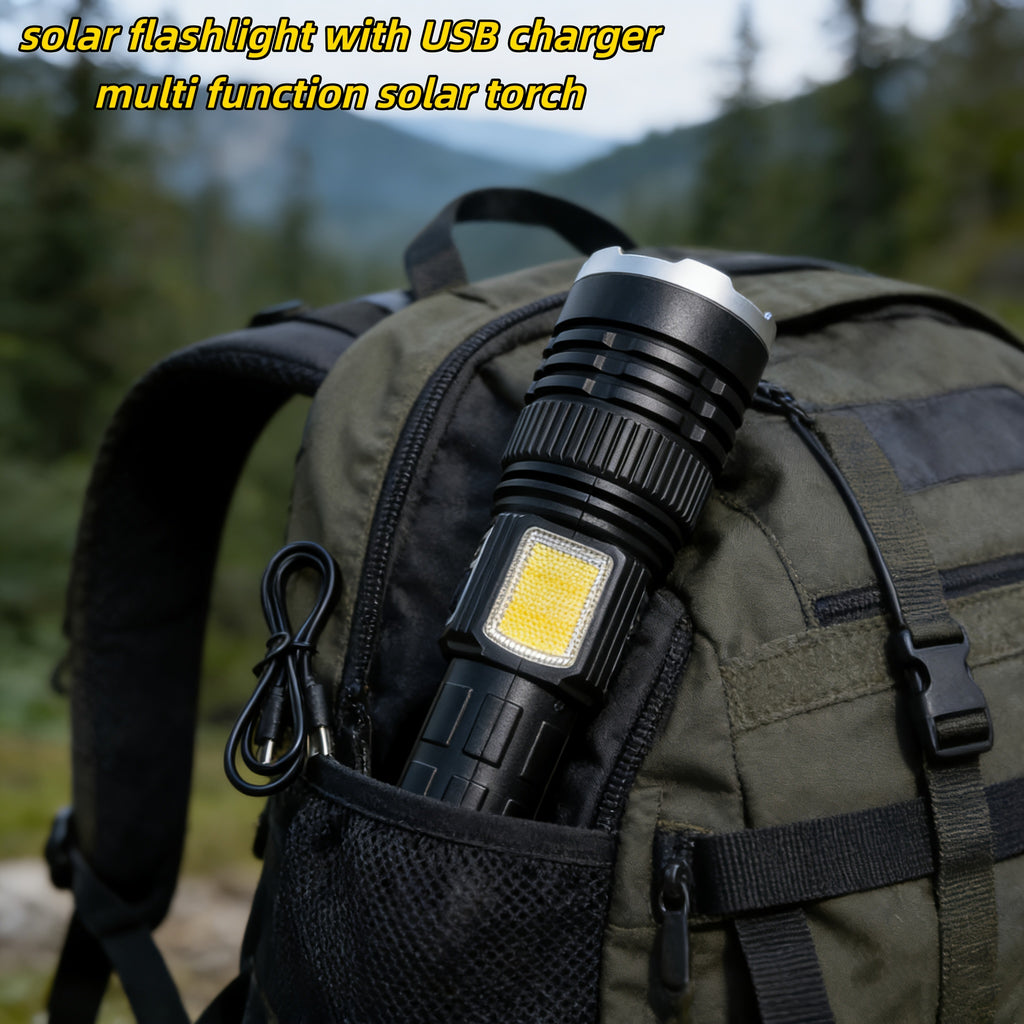 Solar Charging LED Flashlight High Lumen 2400mAh Battery COB Side Fill Light 9 Lighting Modes Zoomable & Beam Adjustable Non-Slip Grip Handheld Flashlight for Camping Mountaineering Home Daily Lighting