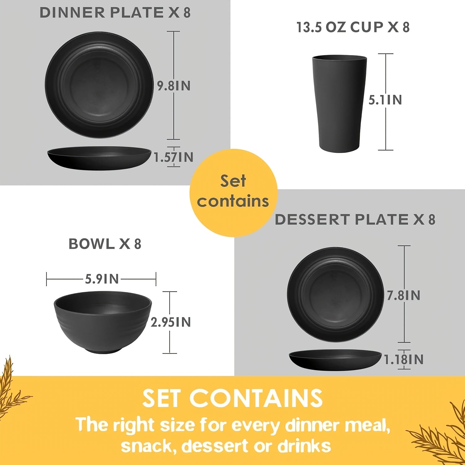 16/32Pcs Wheat Straw Plastic Tableware Set 4/8 Person Unbreakable Dinner Plate Dessert Plate Cereal Bowl Cup Outdoor Camping Family Birthday Party Tableware