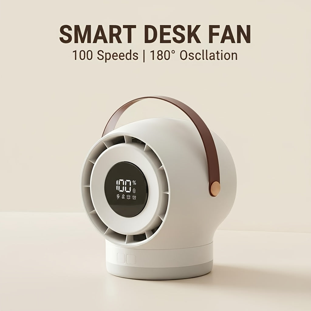 Portable Mobile Desk Fan, 100-Speed Digital Display Precise Control, 180° Smart Oscillating Air Supply, Leather Handle, Compatible with Diverse Home Styles/