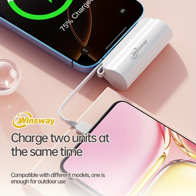 Winsway Mini Capsule Portable Stand Power Bank 5000mAh with Built-in USB-C Data Cable And Dual Ports for Charging Two Devices, Compatible with Most Electronic Devices, Suitable for Giving Friends Exquisite And Compact Gifts During Holidays