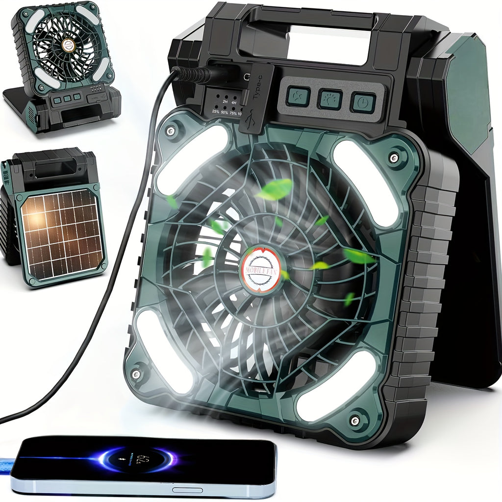 New Portable Solar USB Rechargeable Outdoor LED Fan Light, Foldable Camping Desktop Fan Lamp
