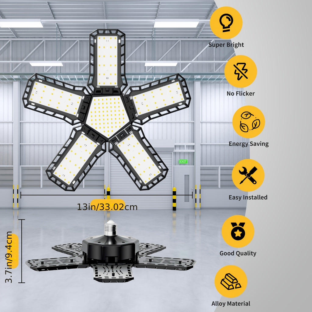 15000 Lumen Ultra-Bright Deformable LED Garage Light, E26/E27 Base Screw-In Installation, No Wiring Required, Equipped with 188 LED Chips, 360-Degree Adjustable Ceiling Light, Suitable for Garage, Basement, Workshop