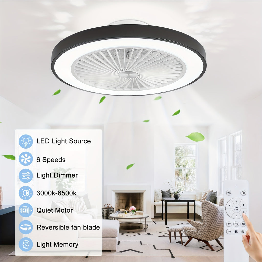 Modern Low Profile Ceiling Fan, 6 Speed Levels, Reversible Bladeless Design, 3000-6500K Dimmable LED Fan Light, Smart Timing Function, Suitable for Living Room, Bedroom, Office, Kitchen