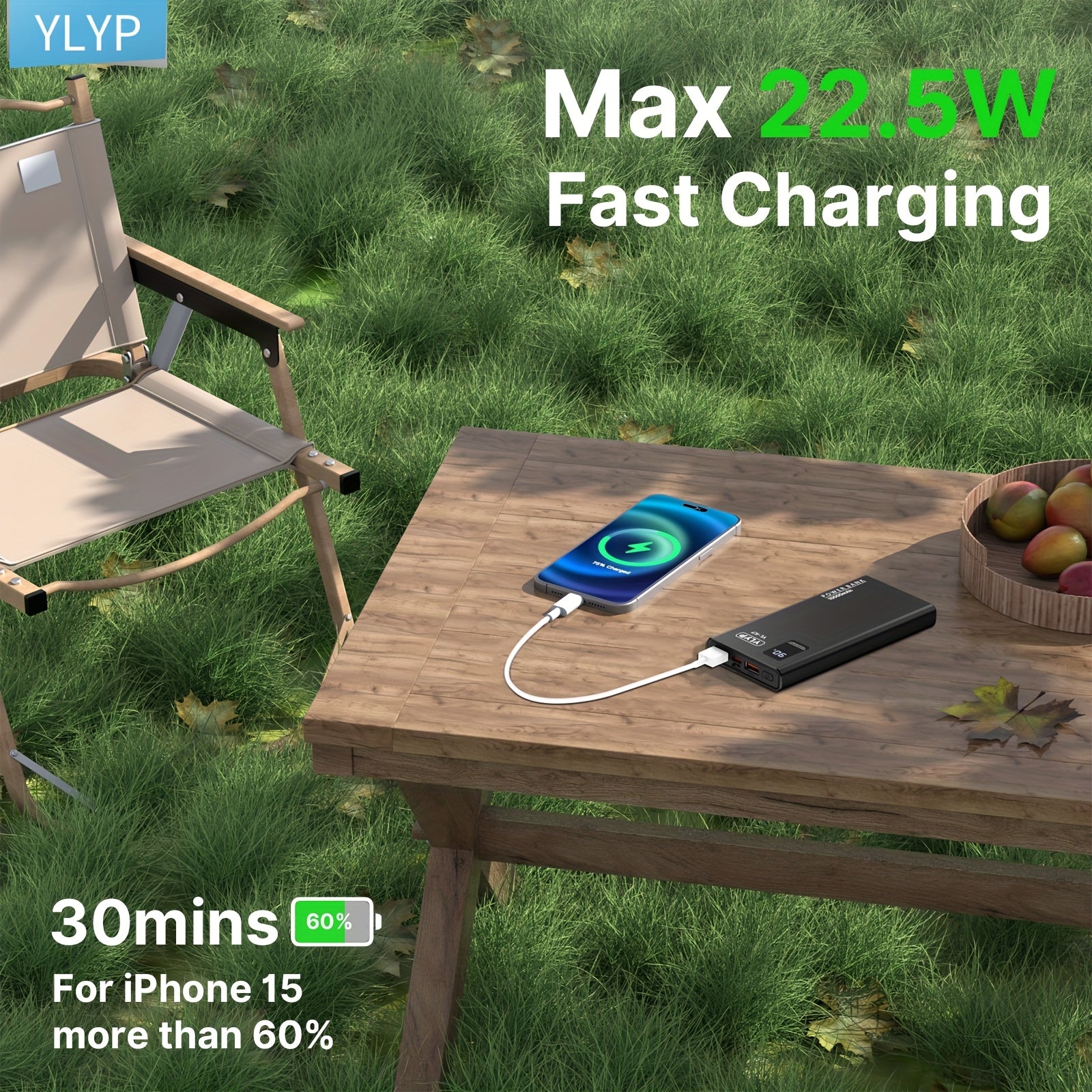 YLYP 1pc Ultra Slim Large Capacity Portable Power Bank 10000mAh, Max 22.5W/PD20W Portable Charger, LED and Digital Display Screen, Suitable for iPhone/Android Devices, 2xUSB/1xType-C Output, Type-C/Micro Input, Safe and Stable Polymer Lithium Battery, Chr