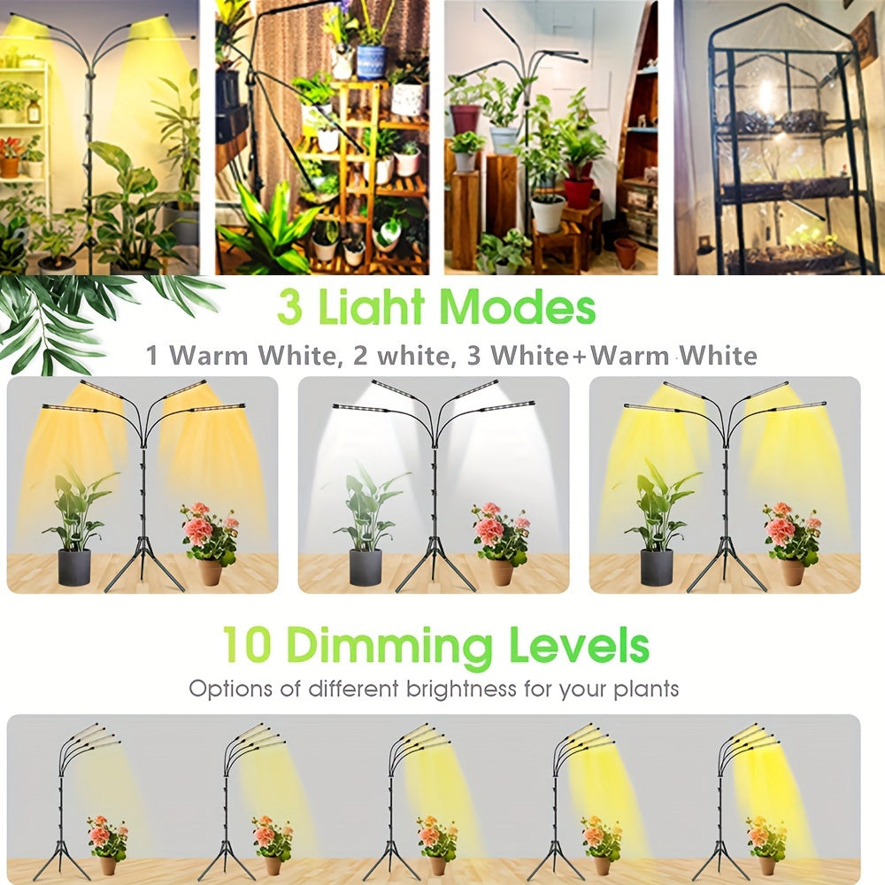 5/4 Heads Grow Light with Stand, White & Warm White Spectrum Indoor Plant Lamp, 10 Dimmable Brightness Levels, 3/9/12H Timer, 3 Switch Modes, Adjustable Gooseneck for All Plant Growth