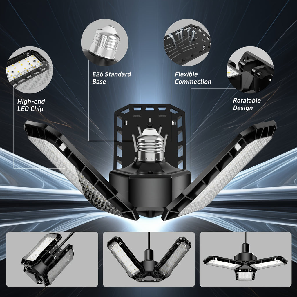 4000 lumen three-leaf adjustable LED light, high-brightness garage light, wide-angle illumination, E26/E27 universal, quick installation, high-quality plastic heat dissipation, suitable for garages, supermarkets, gyms and other scenes