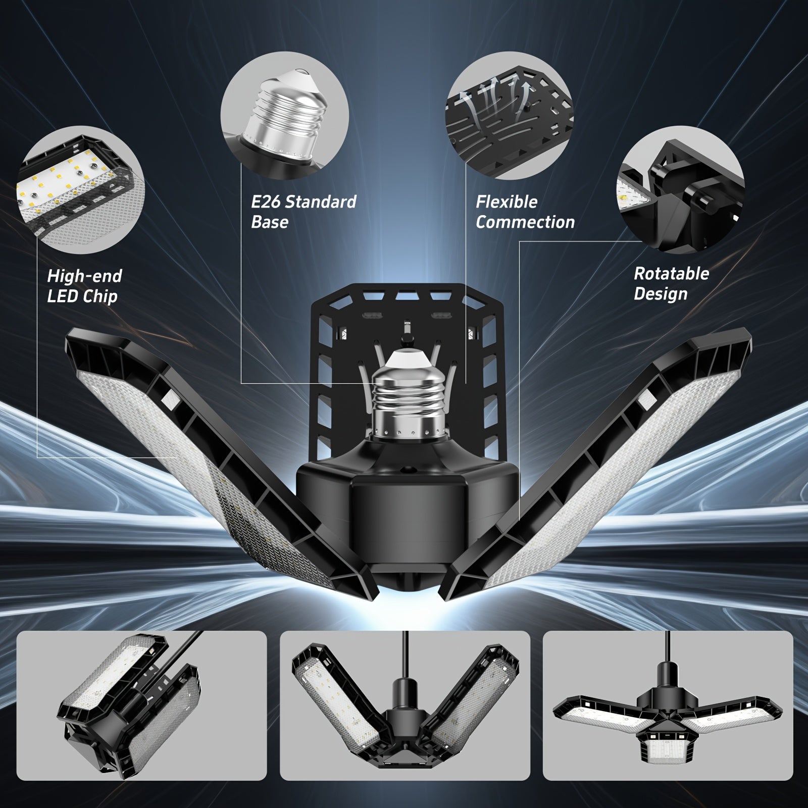 4000 lumen three-leaf adjustable LED light, high-brightness garage light, wide-angle illumination, E26/E27 universal, quick installation, high-quality plastic heat dissipation, suitable for garages, supermarkets, gyms and other scenes