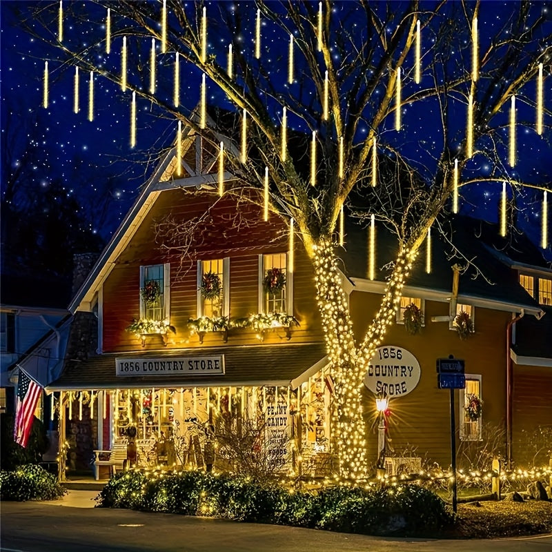 1 piece 30cm/11.81inch or 45cm/17.72inch solar meteor tube light outdoor, automatic on/off, smart light sensor, 192LED/288LED 8-tube hanging solar fairy light, IP65 high quality, suitable for garden, wedding, Christmas, Halloween, party