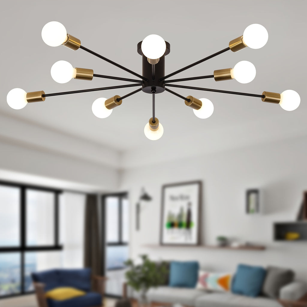 Enkel 10-Head Modern Industrial Style Satellite Pendant Light - Black Gold Semi-Flush Mount Ceiling Light, 38-Inch Wide Hardwired Pendant Light with Dimmable Function (Compatible with E26/E27 Sockets), Suitable for Living Room, Kitchen, Bedroom