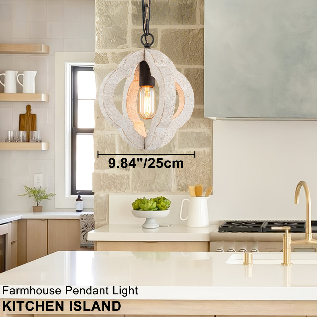 9.84-Inch Modern Farmhouse Style Wood Pendant Light, Distressed White Oak Finish with Adjustable Chain – Semi-Flush Mount Ceiling Hanging Fixture, Suitable for Kitchen Island, Dining Room, Entryway, Foyer