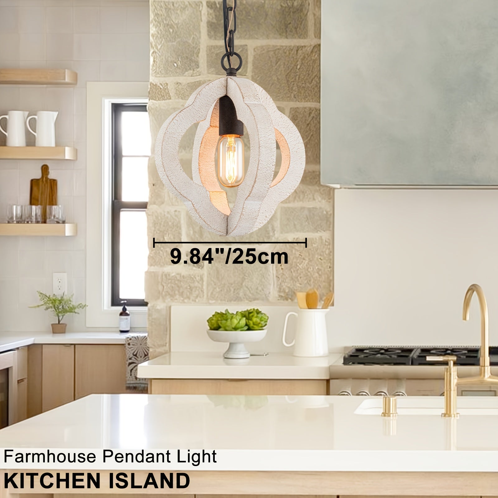 9.84-Inch Modern Farmhouse Style Wood Pendant Light, Distressed White Oak Finish with Adjustable Chain – Semi-Flush Mount Ceiling Hanging Fixture, Suitable for Kitchen Island, Dining Room, Entryway, Foyer