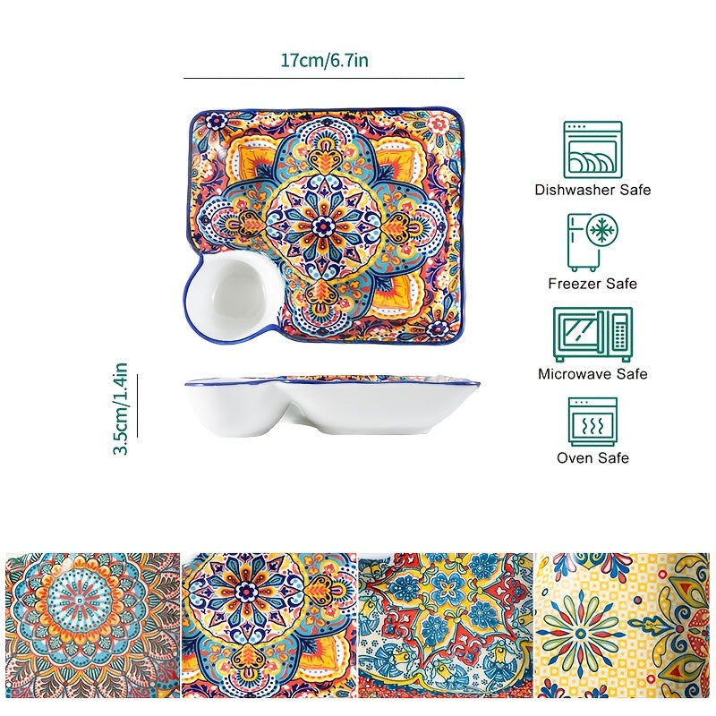 NTKOW 1 Set of 4 Bohemian Style Art Ceramic Dinner Plates – 8-Inch Multi-Purpose Steaming & Serving Bun Plate – Microwave Safe, Beautiful Hand-Painted Design – Suitable for Home & Commercial Use, Easy to Clean